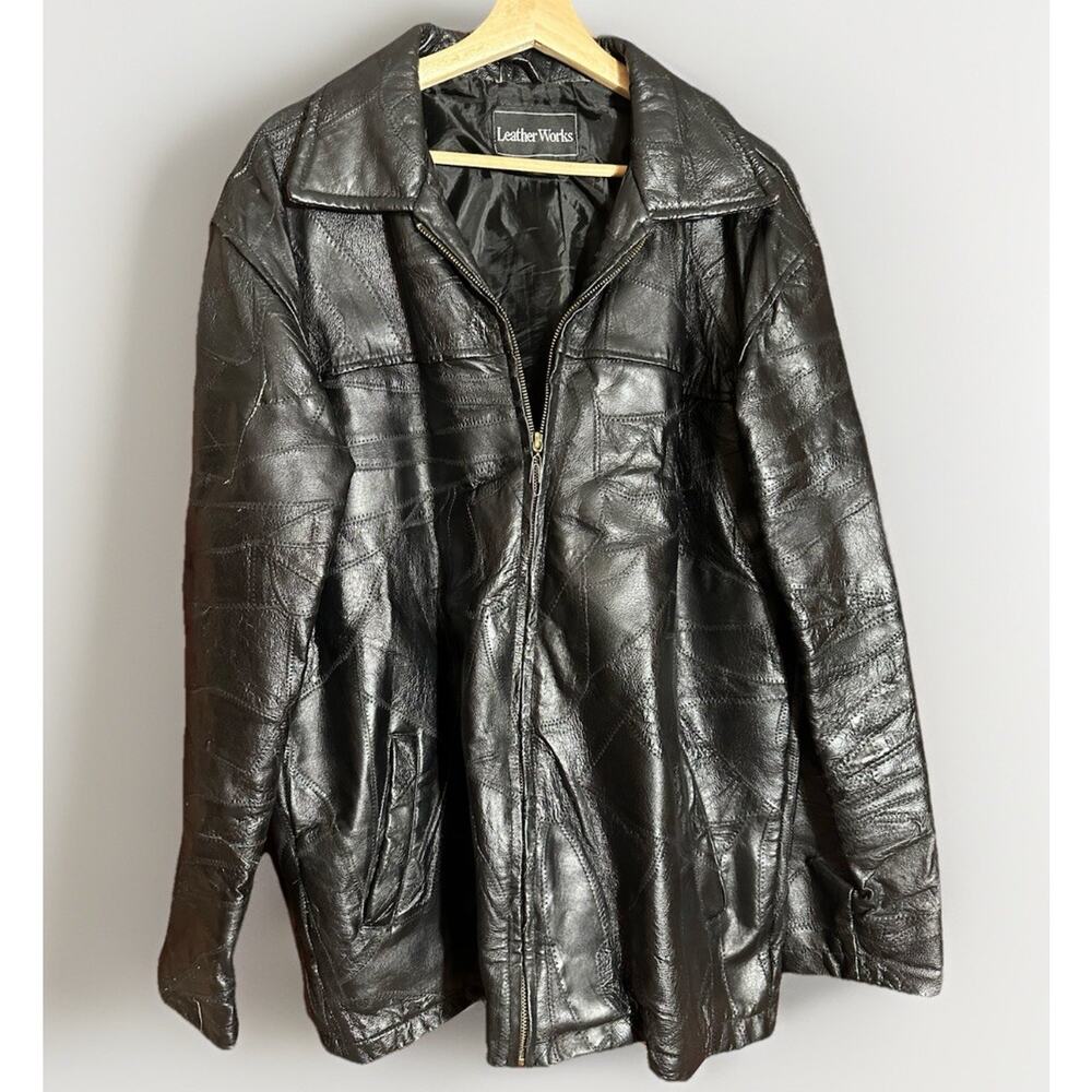 Leather Works Leather Jacket Black Patchwork Zip Front L 90s Vintage